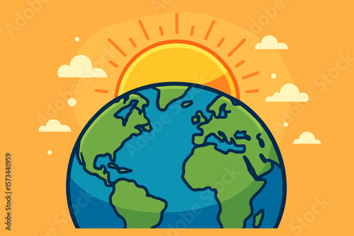 Planet Earth with two continents visible, sun rising behind, modern flat vector cartoon illustration, bright colorful globe, nature, environment, sunrise concept