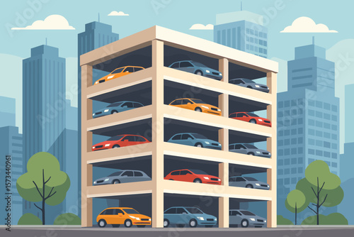 Multi-Level Parking Garage with Cars in Cityscape, Urban Vehicle Storage, Modern Architecture, High-Rise Car Park, Flat Vector Illustration, City Transportation Concept