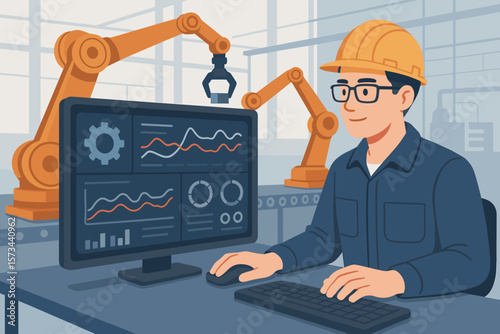 Industrial engineer operating automation robotic arms with real-time monitoring software, factory control system, data analysis, smart manufacturing, technology, industry 4.0