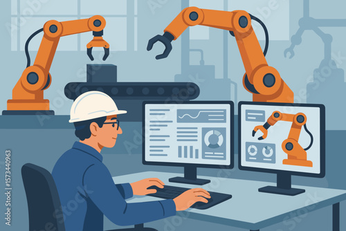 Industrial engineer programming automation robotic arms on computer interface, smart factory control, real-time monitoring, manufacturing technology, industry 4.0 concept