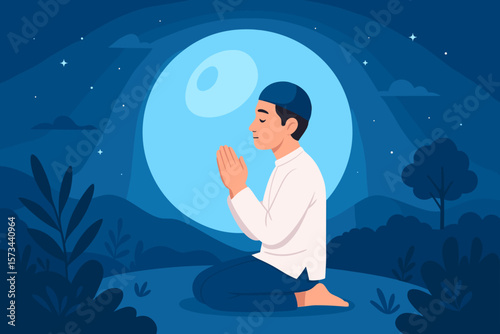Man Praying Under Full Moon Night, Spiritual Meditation in Nature, Night Sky, Peaceful Landscape, Flat Vector Illustration