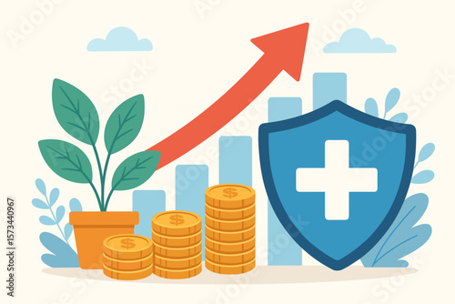 Financial Growth, Health Insurance Investment, Economic Security, Healthcare Protection, Money Savings, Plant Growth, Rising Profits, Financial Wellness, Vector Illustration