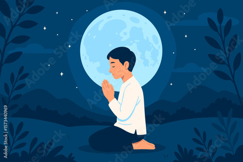 Man Praying Under Full Moon Night, Meditation, Respect, Spiritual Reflection, Nature Landscape, Calm Evening, Blue Tones, Peaceful Outdoors, Vector Illustration