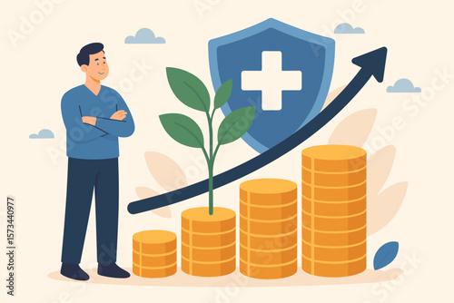 Financial Growth, Health Insurance Investment, Wealth Protection, Healthcare Savings, Money Stack, Green Plant, Upward Arrow, Economic Security, Modern Vector Illustration