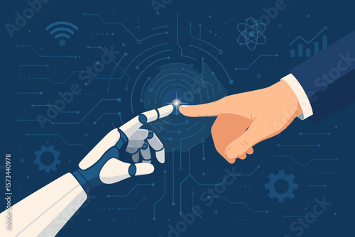 Human and Robot Hand Touching, Artificial Intelligence Collaboration, Digital Transformation, Innovation, Technology Connection, Futuristic Network, Science, Business Partnership, Modern Vector