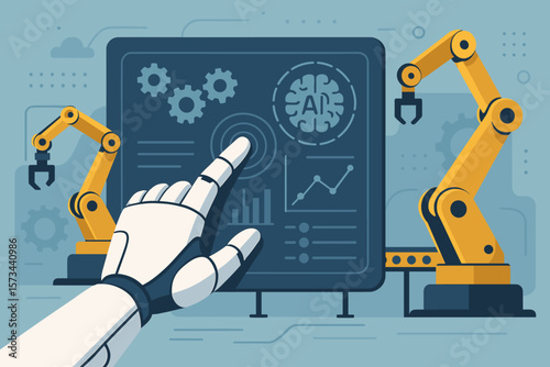 Robotic Hand Operating Industrial Automation Robot Arms on AI-Controlled Smart Factory Touchscreen Panel, Virtual Interface, Machine Learning, Modern Vector Illustration