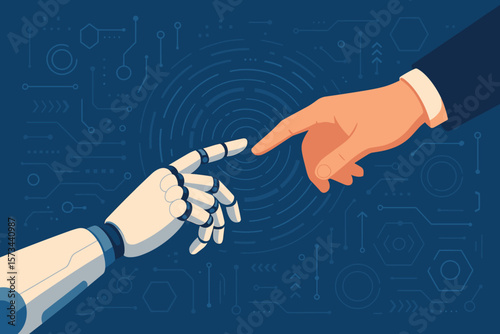 Human and Robot Hand Touching, Technology Innovation, Artificial Intelligence, Digital Transformation, Future Collaboration, Science, Modern Virtual Interface, Concept Vector Illustration