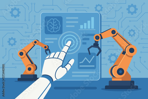 Robotics Hand Interacting with Virtual Reality Touchscreen, Controlling Industrial Automation Robot Arms, Artificial Intelligence, Smart Factory, Data Analytics, Modern Vector Illustration