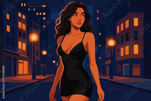 Elegant woman in sexy black dress walking on city street at night, modern flat vector cartoon illustration, fashion nightlife, urban style, confident female silhouette