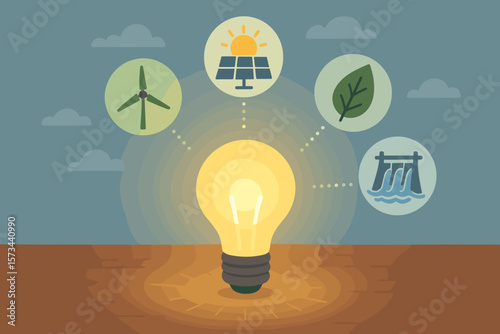 Glowing Light Bulb with Renewable Energy Icons, Sustainable Development, Ecology Concept, Modern Flat Vector Illustration, Solar, Wind, Hydro, Leaf, Clean Power