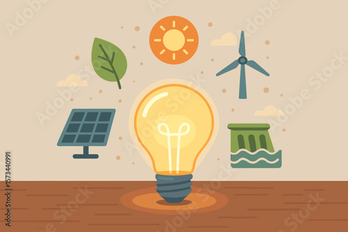 Renewable Energy Sources Concept. Glowing Light Bulb, Solar Panel, Wind Turbine, Hydropower, Leaf, Sun. Sustainable Development, Clean Power Generation, Eco-Friendly Technology, Modern Flat Vector