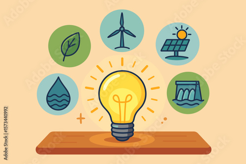 Renewable Energy Sources Concept – Glowing Light Bulb, Solar, Wind, Hydro, Leaf, Water Drop Icons, Clean Power, Sustainability, Eco-Friendly, Modern Vector Illustration