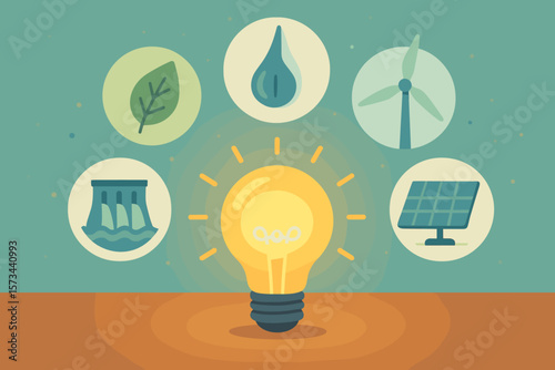 Renewable Energy Concept Light Bulb with Solar, Wind, Hydro, Leaf, Water Drop Icons. Sustainable Power, Clean Electricity, Eco-Friendly Innovation, Green Technology Vector Illustration
