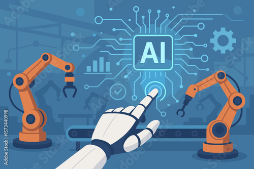 Artificial Intelligence Controls Robotic Arms in Smart Factory, Automation Technology, Robotics Hand Touches Virtual Interface, Industrial Automation, Modern Vector Illustration