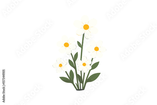 Daisies Blooming Through Urban Pavement Crack, Resilient Wildflowers, Spring Nature, White Petals, Yellow Center, Green Leaves, Modern Flat Vector Illustration