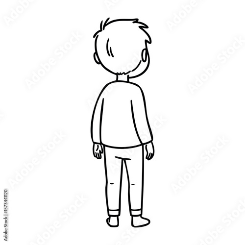 Cartoon line drawing of a male child standing and facing away. Vector hand-drawn doodle illustration