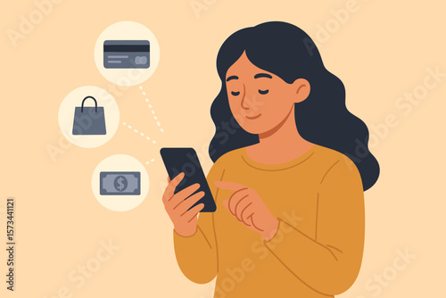 Young Woman Shopping Online with Smartphone – Digital Payment, Banking, E-commerce, Mobile Wallet, Cashless Transaction, Financial Technology, Shopping Bag, Money, Flat Vector Illustration
