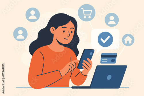 Woman Making Mobile Payment Online Shopping, Digital Banking, E-commerce, Secure Transaction, Customer Network, Smartphone and Laptop, Financial Technology, Flat Vector Illustration