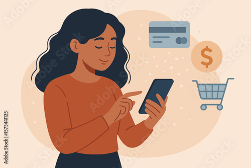 Young Woman Using Smartphone for Online Shopping, Digital Payment, Mobile Banking, E-Commerce Transaction, Secure Checkout, Modern Flat Vector Illustration