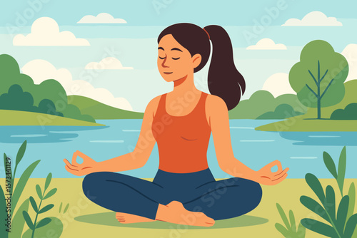 Tranquil Outdoor Yoga Meditation Woman Sitting Cross-Legged by Lake in Summer Nature, Mindfulness Practice, Wellness, Relaxation, Healthy Lifestyle, Modern Flat Vector Illustration
