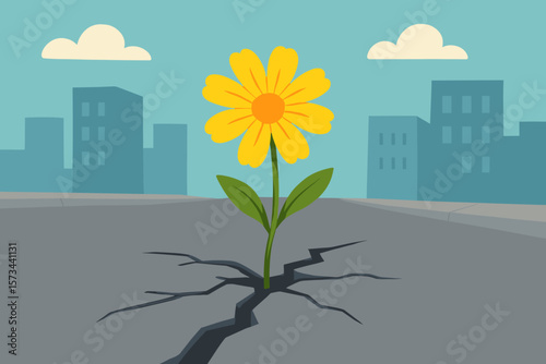 Urban Resilience Concept—Yellow Flower Growing Through Cracked Asphalt Road in City, Hope, Survival, Nature vs. Urbanization, Overcoming Adversity, Modern Vector Illustration