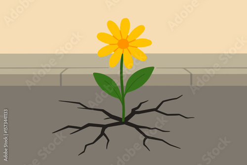 Resilient Yellow Flower Breaking Through Concrete Pavement, Urban Nature Survival, Hope and Growth Concept, Flat Vector Illustration, City Street, Perseverance, No Text