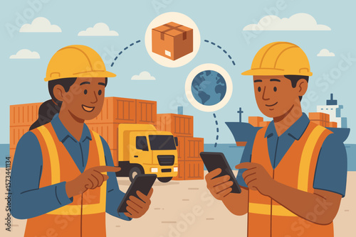 Logistics workers using smartphones for cargo tracking, freight management, import export operations, global shipping network, delivery monitoring, smart transportation technology