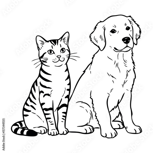 Adorable cat and dog duo: line art of furry companions. Vector hand-drawn doodle illustration