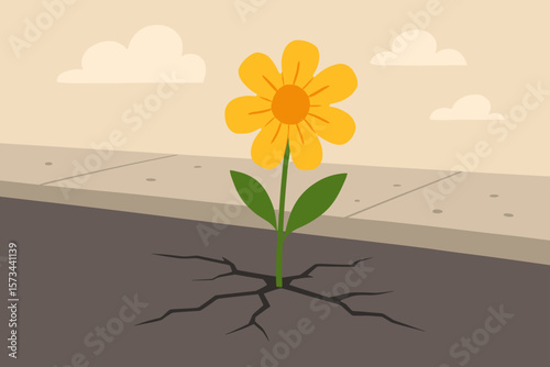Resilience Flower Breaking Through Asphalt, Urban Sidewalk, Growth, Hope, Nature Survives, Yellow Blossom, Overcoming Hardship, Modern Flat Vector Illustration