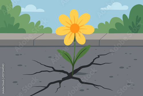 Resilient Yellow Flower Breaking Through Asphalt Crack, Urban Nature Survival, Hope and Growth Concept, Modern Flat Vector Illustration, Street Plants, Overcoming Adversity