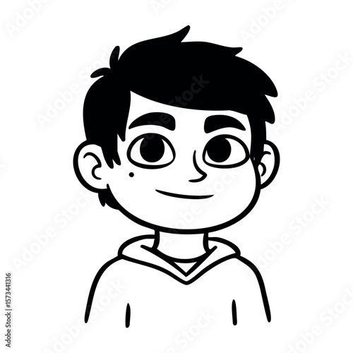 Cartoon illustration of a young male character with black hair and hoodie. Vector hand-drawn doodle illustration