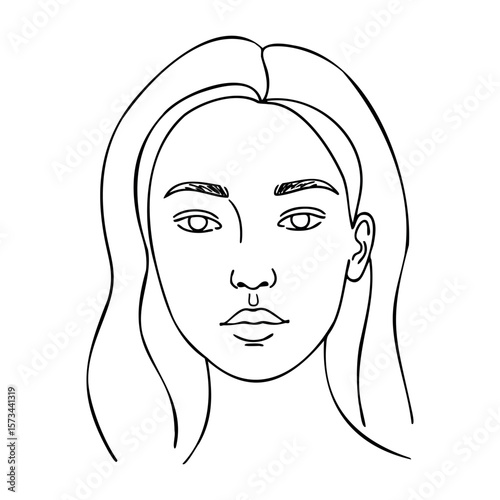 Line art: female face with long hair and calm expression. Vector hand-drawn doodle illustration