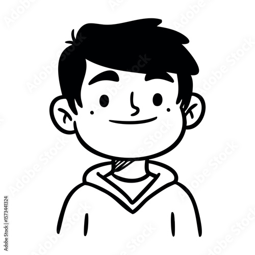 Smiling young male cartoon character with black hair and hoodie. Vector hand-drawn doodle illustration