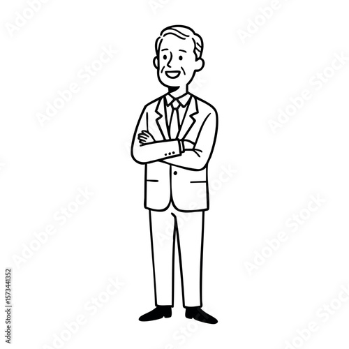 Cartoon of a smiling elderly caucasian male in a suit with arms crossed. Vector hand-drawn doodle illustration