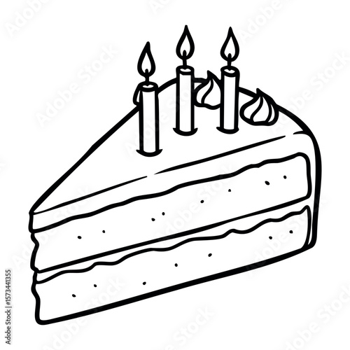 Slice of birthday cake with candles in simple line art design. Vector hand-drawn doodle illustration