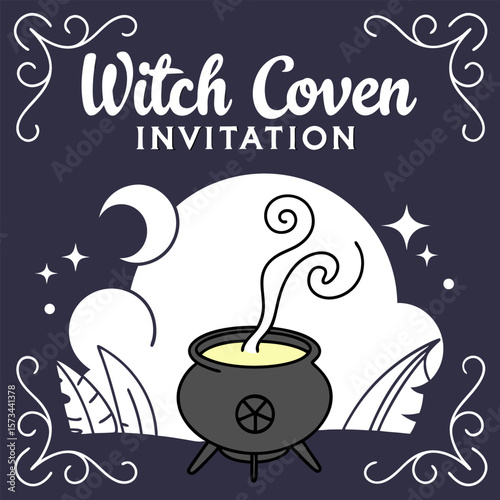 Whimsical witch coven invitation with bubbling cauldron moon and stars on a deep purple background with decorative swirls and foliage elements