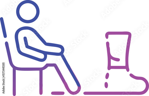 Purple and Blue Pictogram of Person Sitting in Chair with Leg Cast on Floor Simple Line Art Medical Icon