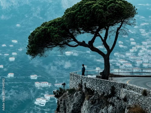 Man Sitting Under Coastal Pine Tree Overlooking the Italian Sea – Scenic Roadside View