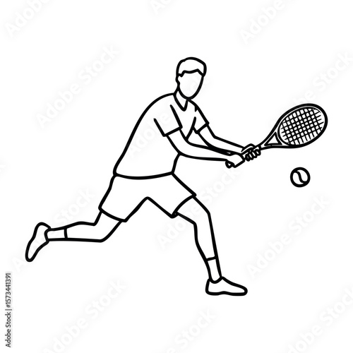 Outline of male tennis player in action with racket and ball. Vector hand-drawn doodle illustration