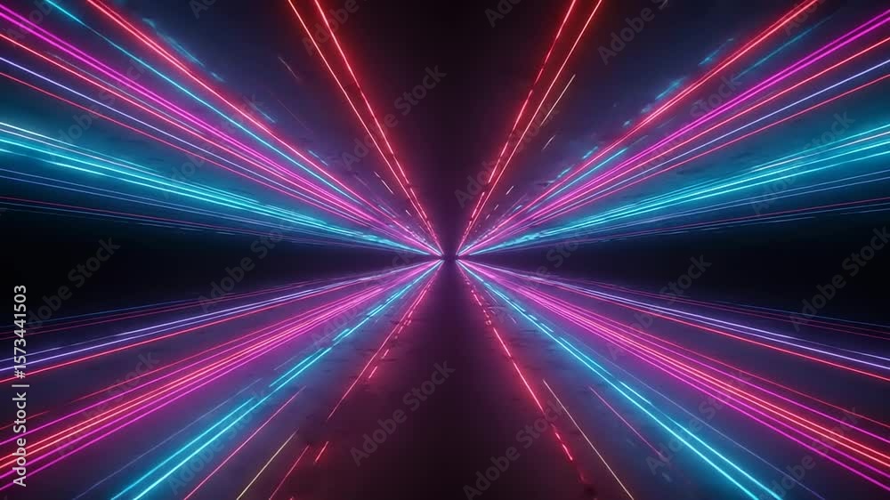 Symmetrical light trails surge forward creating a futuristic portal effect Glowing red blue and purple hues illuminate against a deep black background