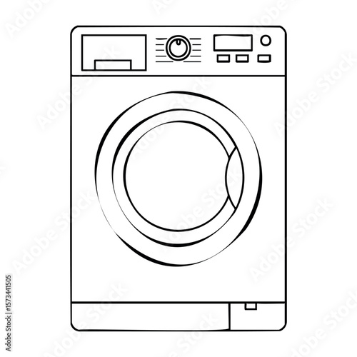 Line art of front-loading washing machine with control panel. Vector hand-drawn doodle illustration