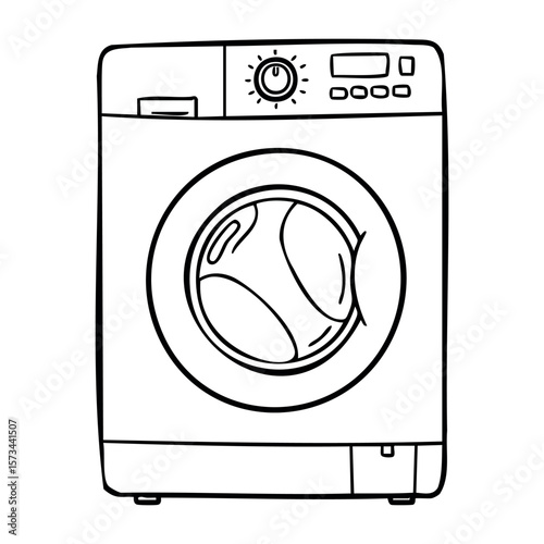 Simple line drawing of a modern front-load washing machine. Vector hand-drawn doodle illustration