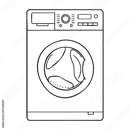 Outline of a front-loading washing machine design with control panel features. Vector hand-drawn doodle illustration