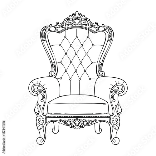 Elegant vintage armchair outline with intricate florals and tufted upholstery design. Vector hand-drawn doodle illustration