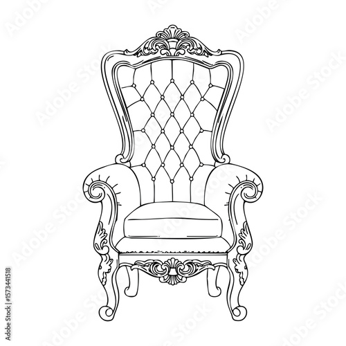 Ornate victorian-style high-back chair with detailed carvings and upholstery. Vector hand-drawn doodle illustration