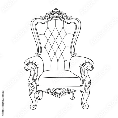 Ornate vintage armchair line art with detailed carvings. Vector hand-drawn doodle illustration