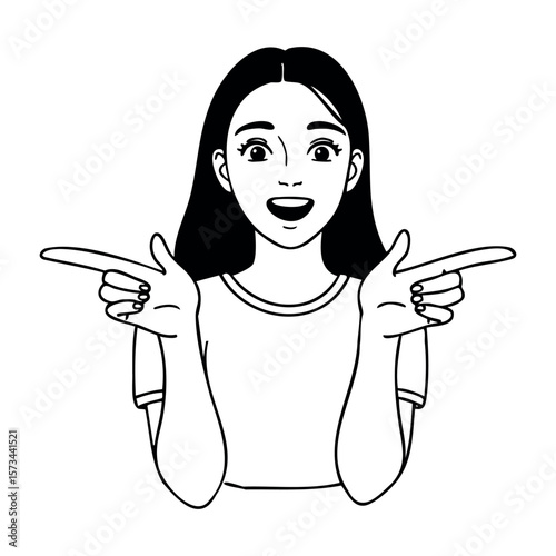 Asian young female with long hair pointing excitedly with both hands. Vector hand-drawn doodle illustration