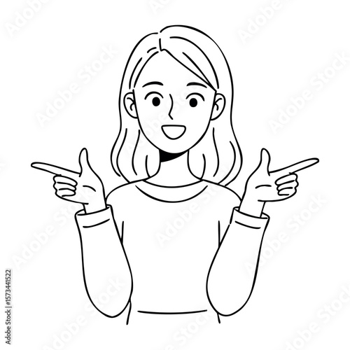 Smiling asian young woman cartoon with finger pointing pose. Vector hand-drawn doodle illustration