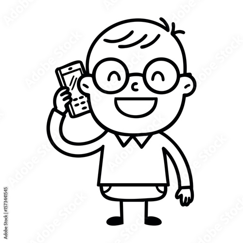 Cartoon illustration of a happy child with glasses holding a phone. Vector hand-drawn doodle illustration