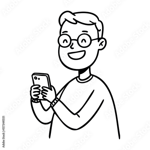 Happy caucasian male teen holding smartphone in glasses. Vector hand-drawn doodle illustration